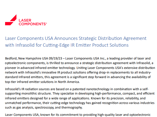 Laser Components USA Announces Strategic Distribution Agreement with Infrasolid for Cutting-Edge IR Emiter Product Solutions